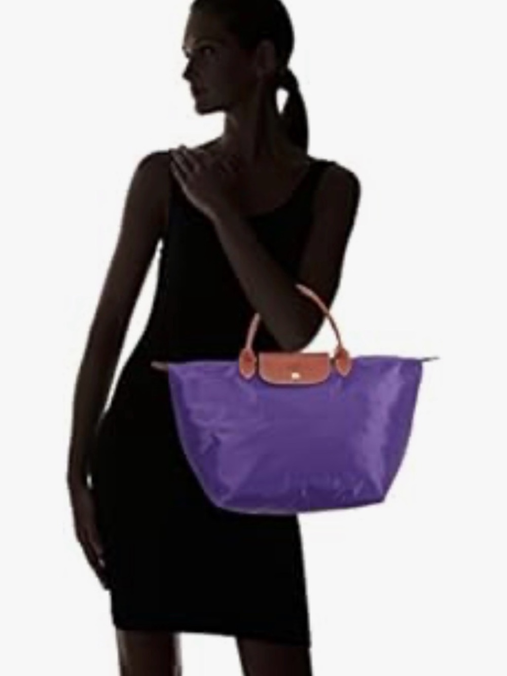 Longchamp Le Pliage Original Top Handle Bag in purple & brown leather - Picture 2 of 13